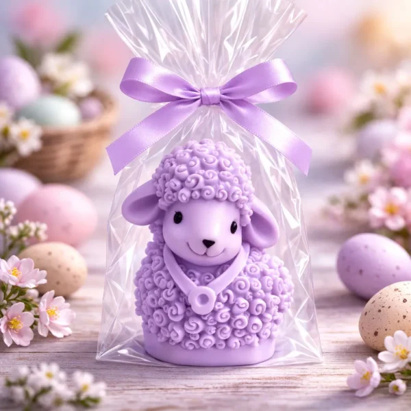 ręcznie robione mydełko wielkanocne baranek w celofanie z kokardką