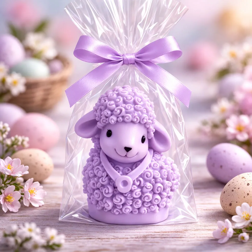 ręcznie robione mydełko wielkanocne baranek w celofanie z kokardką