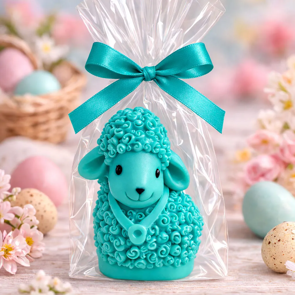 mydełko wielkanocne baranek zapakowane w celofan i satynową wstążkę