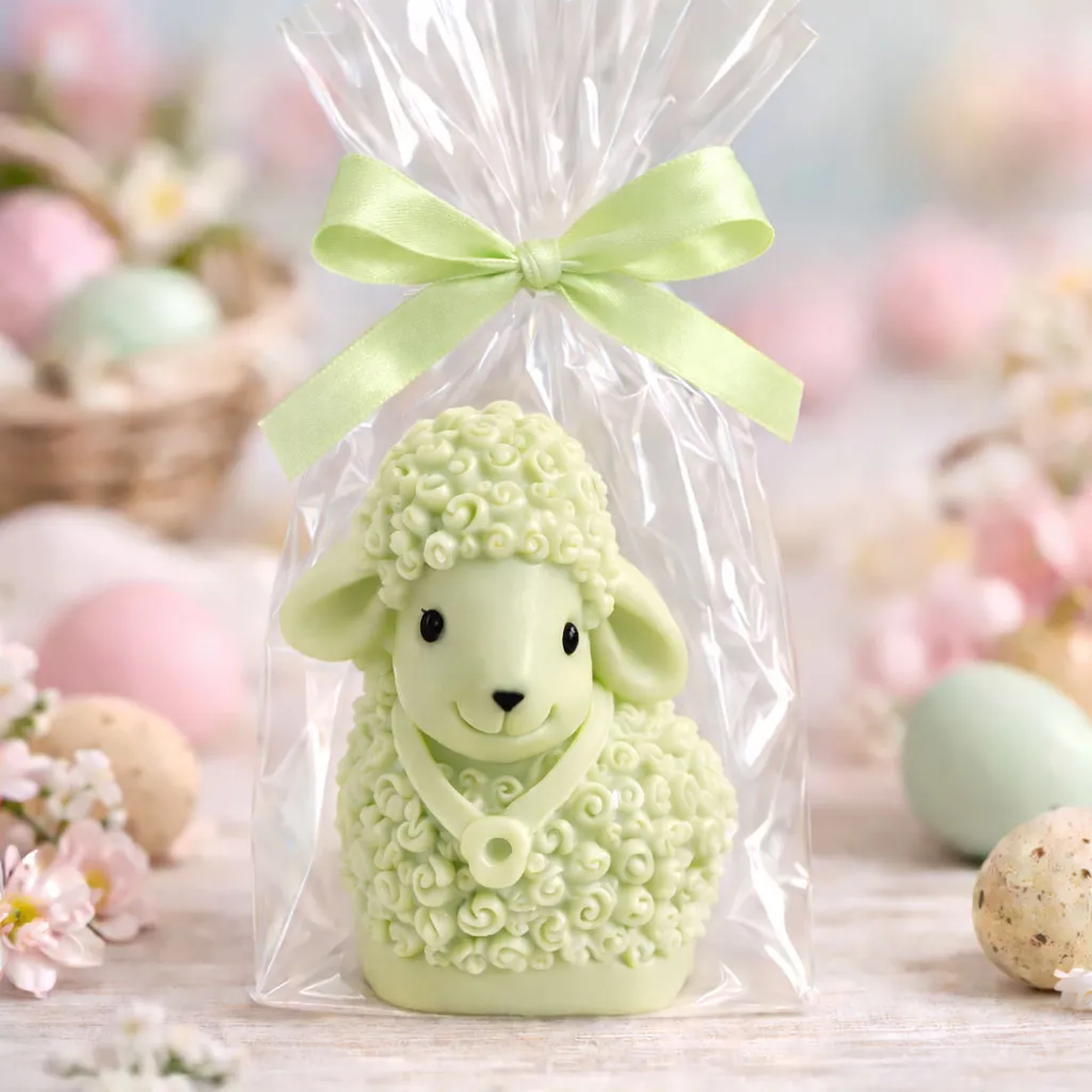 pastelowy baranek wielkanocny z mydła zapakowany w woreczek prezentowy