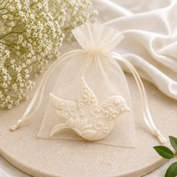 mydełko glicerynowe gołąbek w woreczku organzy podziękowanie dla gości komunia ślub