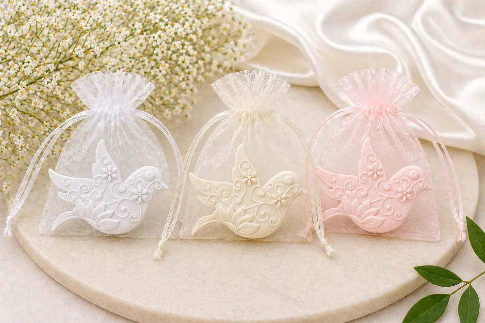 mydełka glicerynowe gołąbki kolorowe w organzie prezent dla gości producent Polska