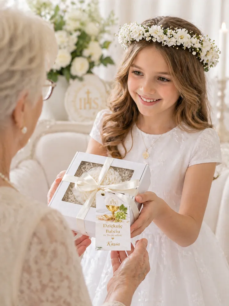 Podziękowania dla gosci komunijnych elegancki kwiat piwonii w pudełku z personalizacja
